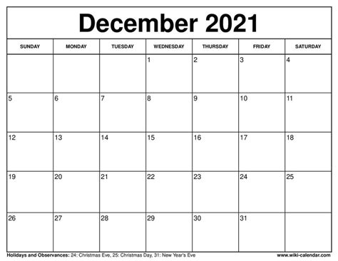 December Calendar 2021 Printable